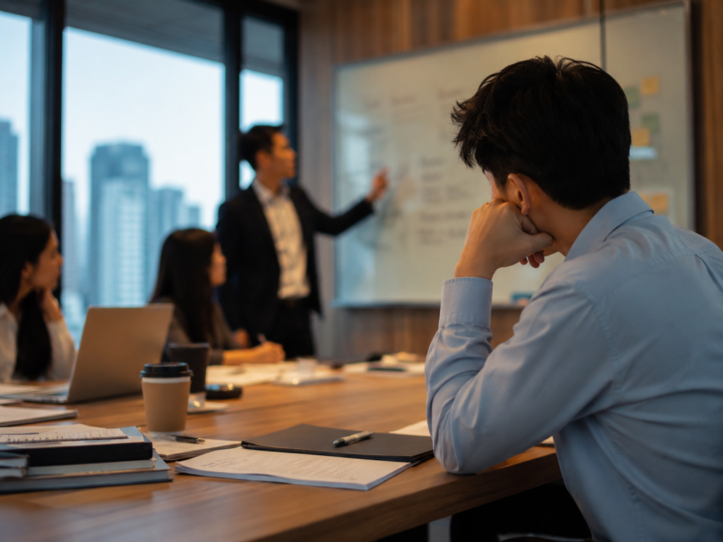 现代办公室会议中，一名员工因为英文表达能力不足而缺乏参与感